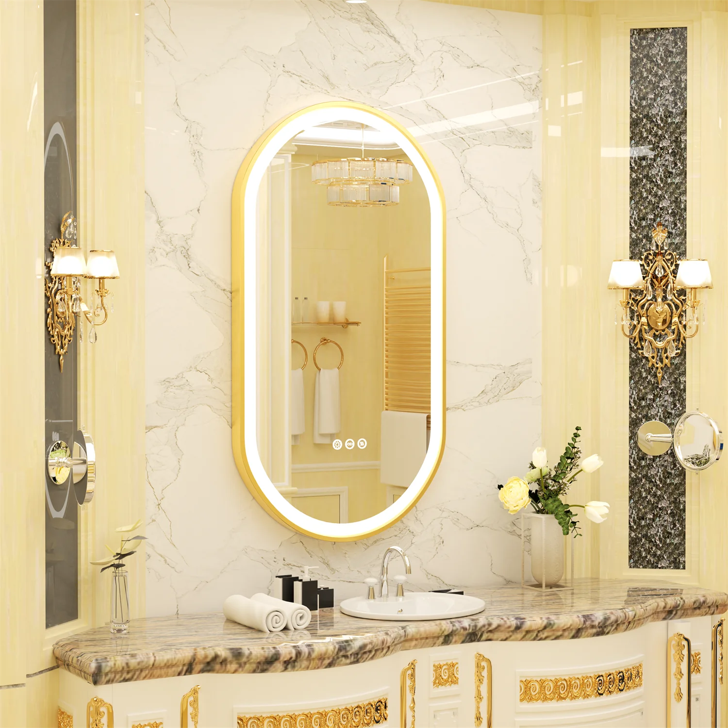 Gold Frame Oval Bathroom Mirror LED