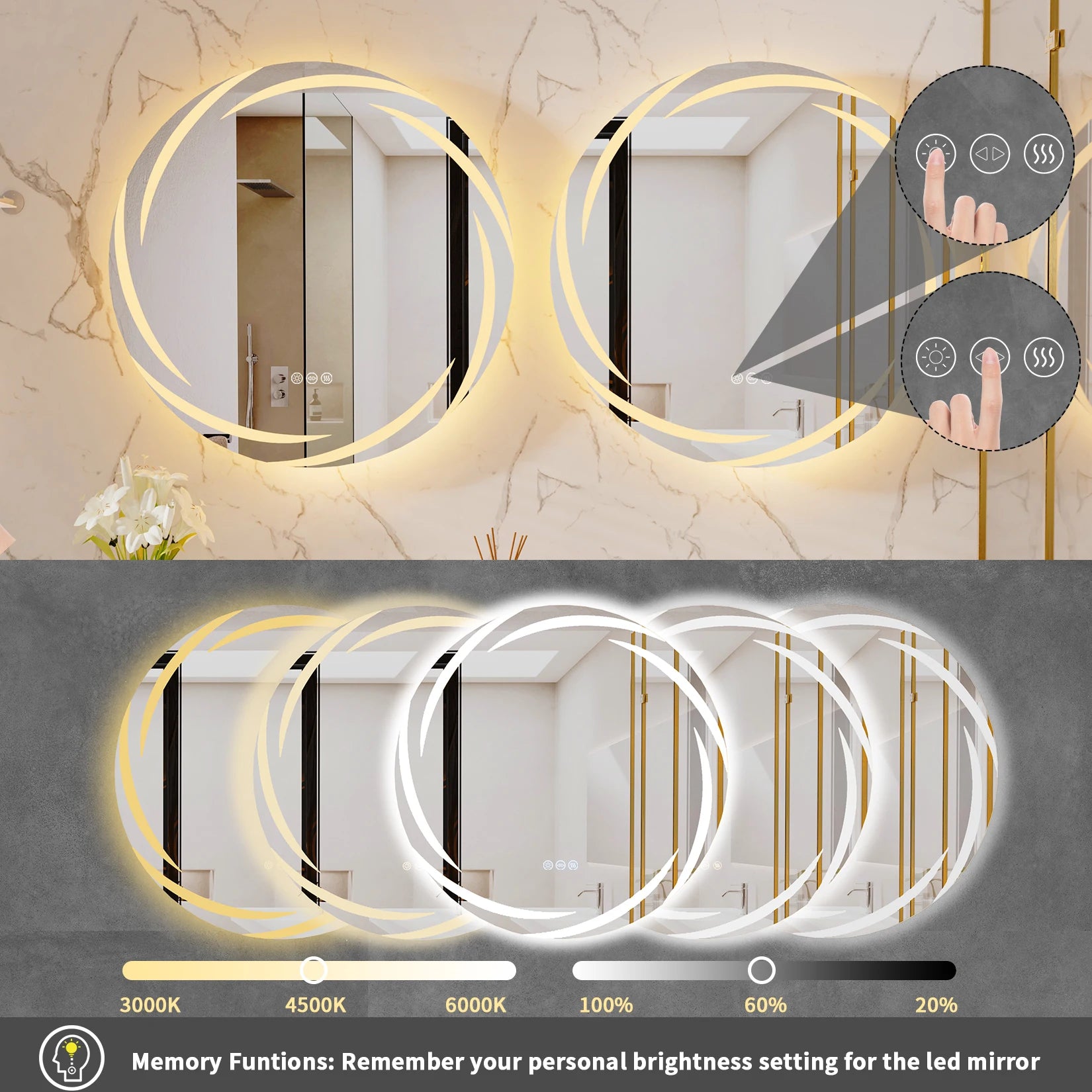 Anti-fog LED Bathroom Mirror Circle Backlit HD