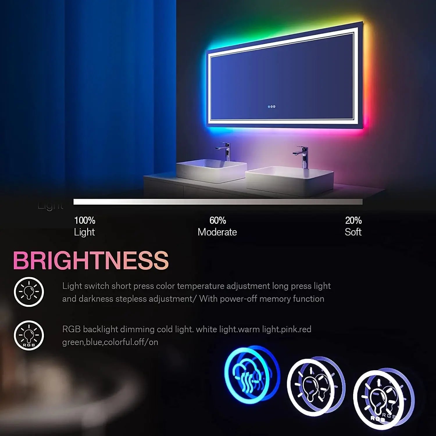 LED Bathroom Mirror with Lights Backlit RGB Color